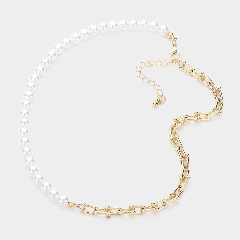 Cream Pearl Beaded Pointed Metal Hardware Link Necklace - Jewelry Store by Erik Rayo