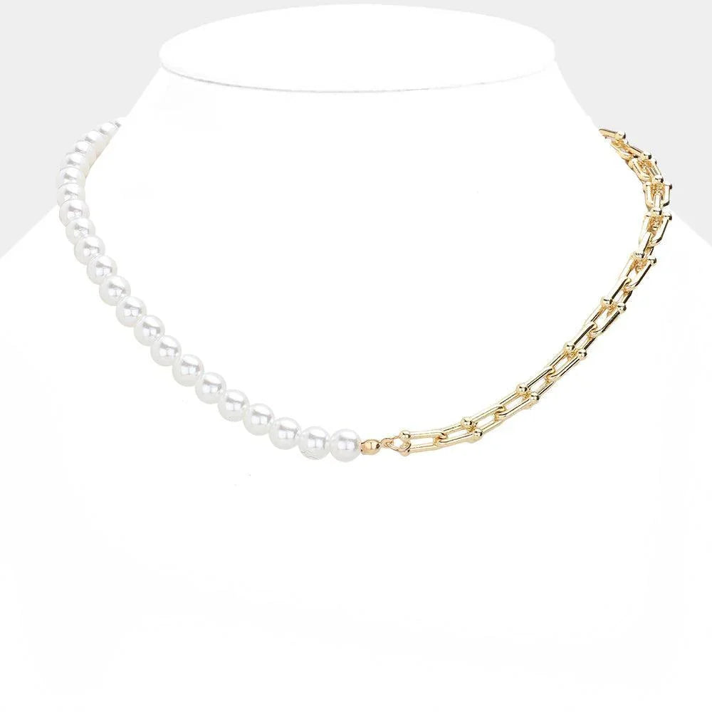 Cream Pearl Beaded Pointed Metal Hardware Link Necklace - Jewelry Store by Erik Rayo