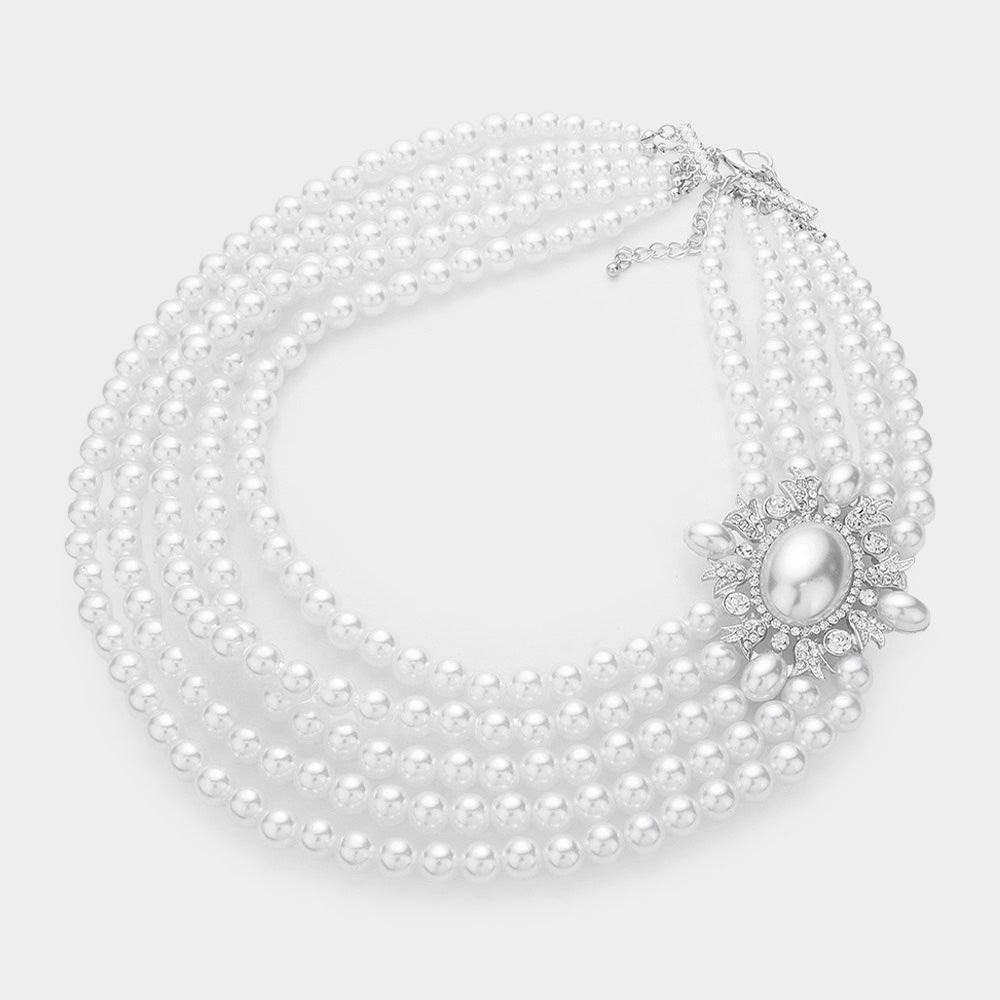 White Oval Pearl Accented Multi Layered Bib Necklace - Jewelry Store by Erik Rayo