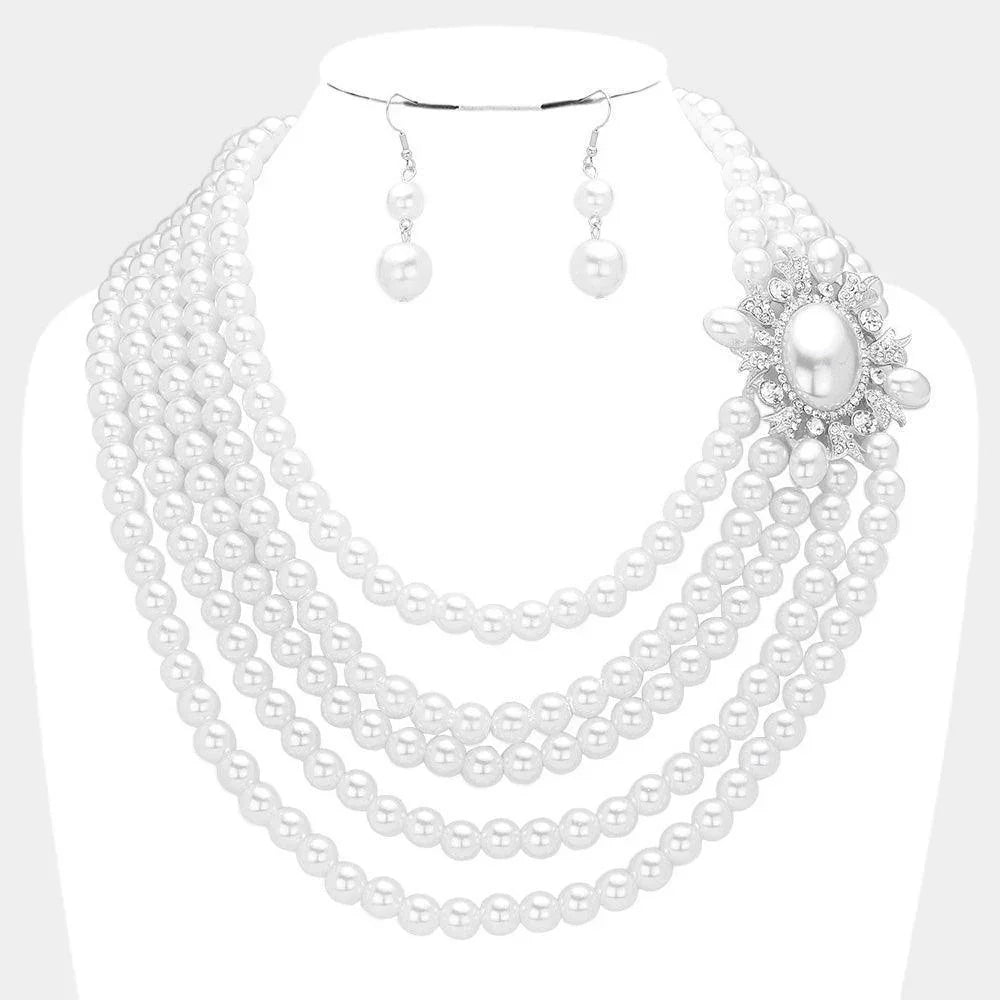 White Oval Pearl Accented Multi Layered Bib Necklace - Jewelry Store by Erik Rayo