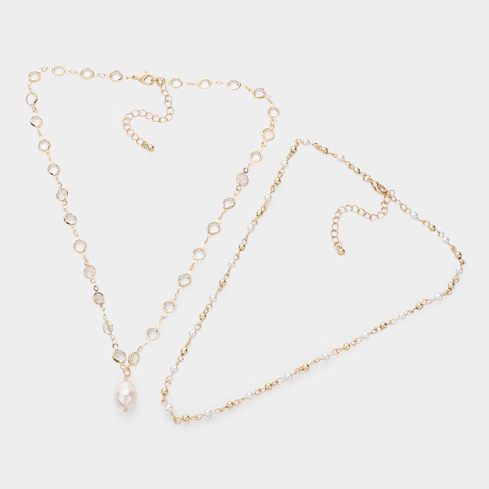 Gold 2PCS - Clear Bezel Link Pearl Pendant Necklace - Jewelry Store by Erik Rayo