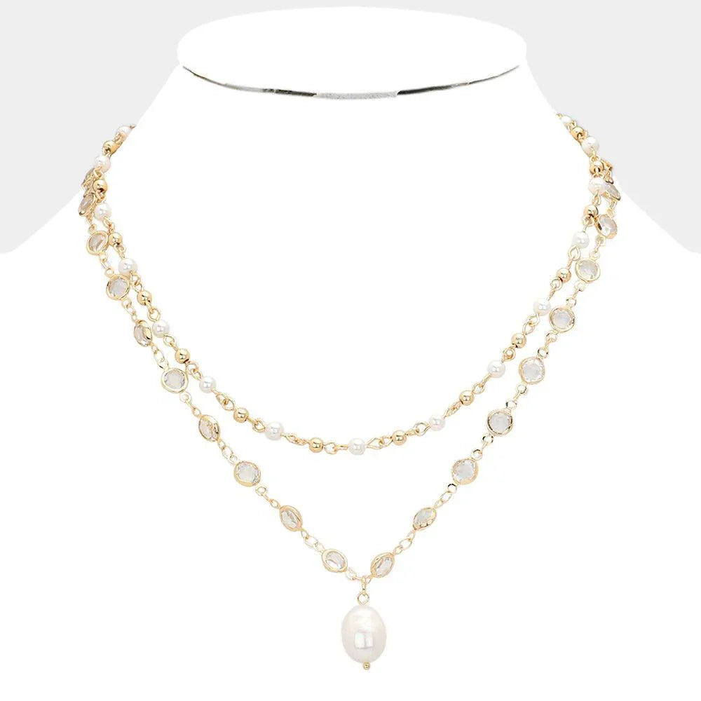 Gold 2PCS - Clear Bezel Link Pearl Pendant Necklace - Jewelry Store by Erik Rayo