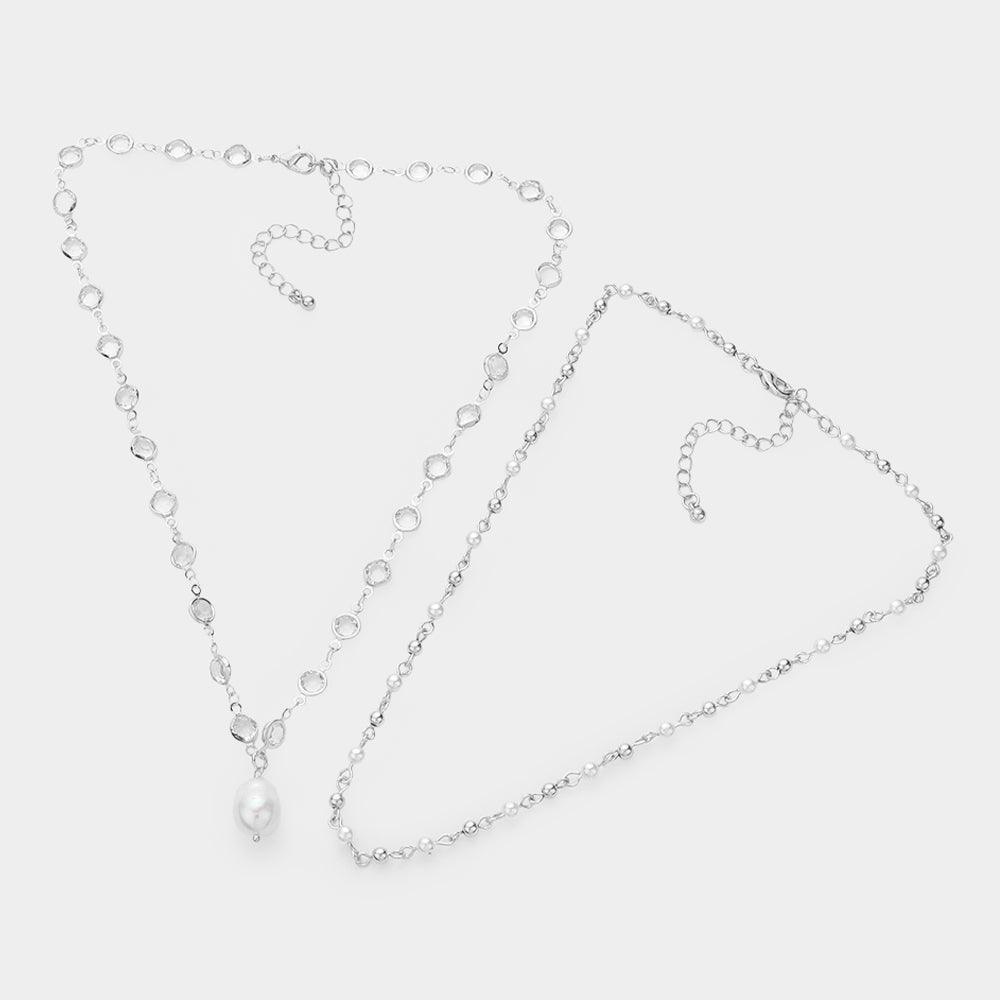 2PCS - Clear Bezel Link Pearl Pendant Necklace - Jewelry Store by Erik Rayo