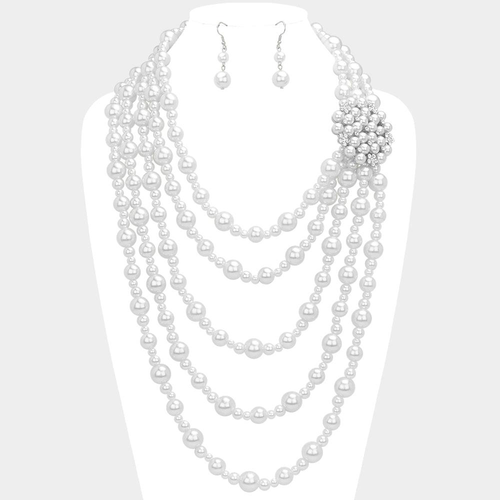 White Multi Strand Faux Pearl Bib Necklace