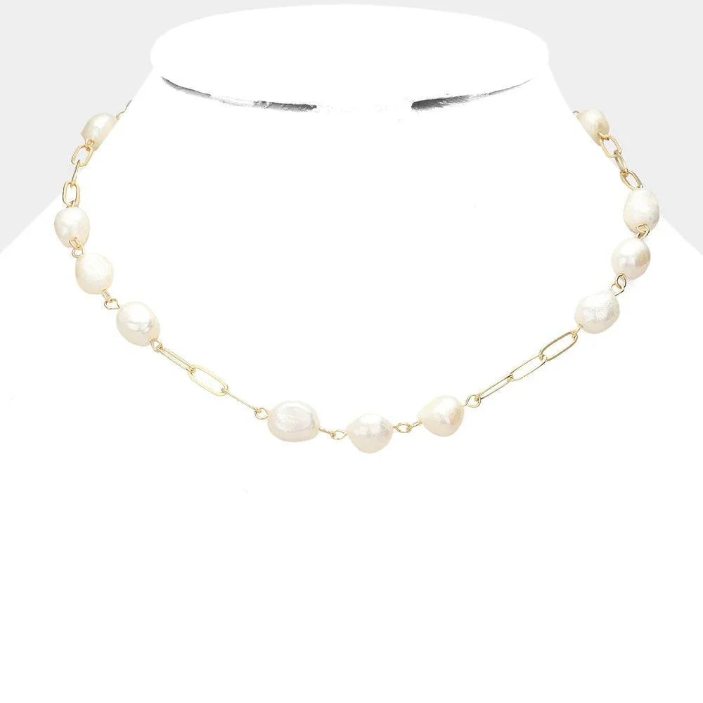Gold Pearl Open Metal Oval Link Necklace - Jewelry Store by Erik Rayo