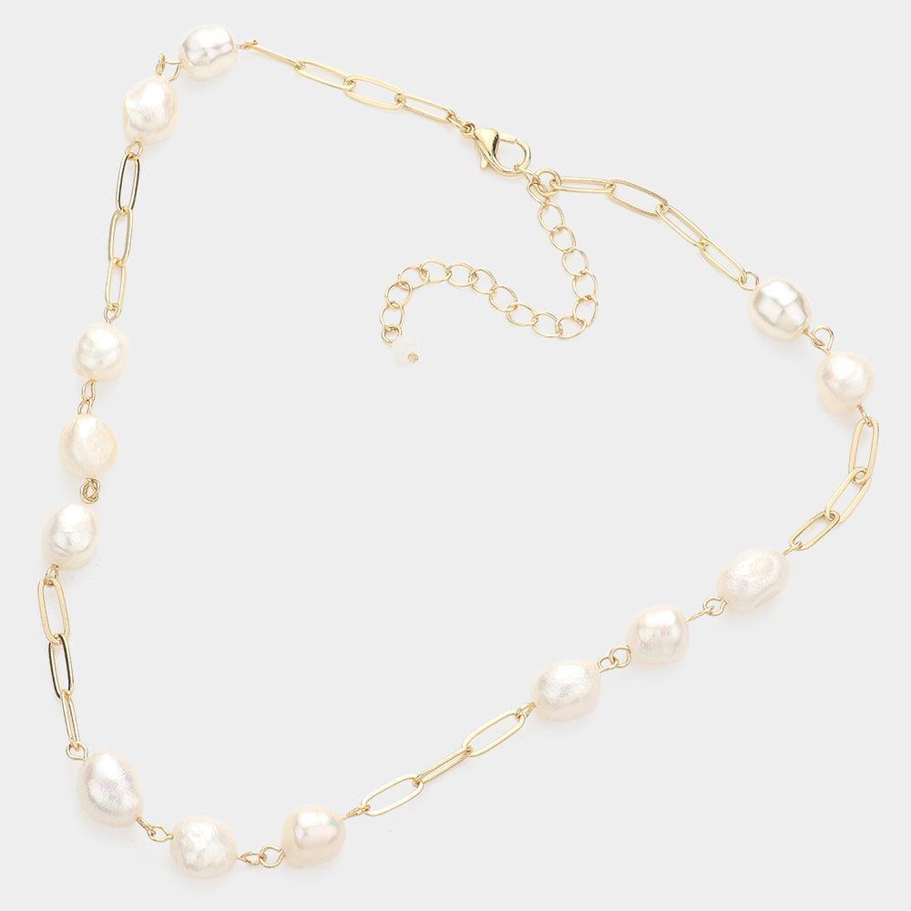 Gold Pearl Open Metal Oval Link Necklace - Jewelry Store by Erik Rayo