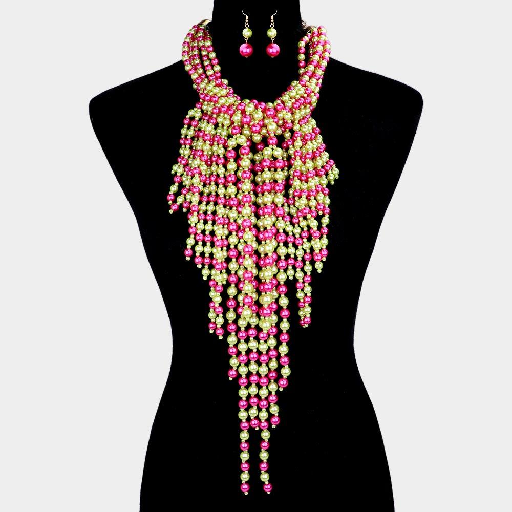 Pink Multi Pearl Strand Statement Necklace