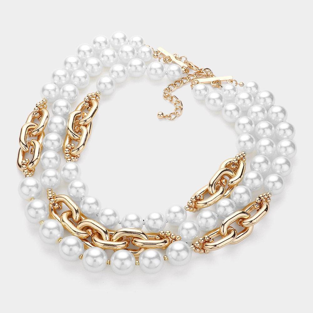 White Pearl Metal Chain Mixed Multi Layered Statement Necklace - Jewelry Store by Erik Rayo
