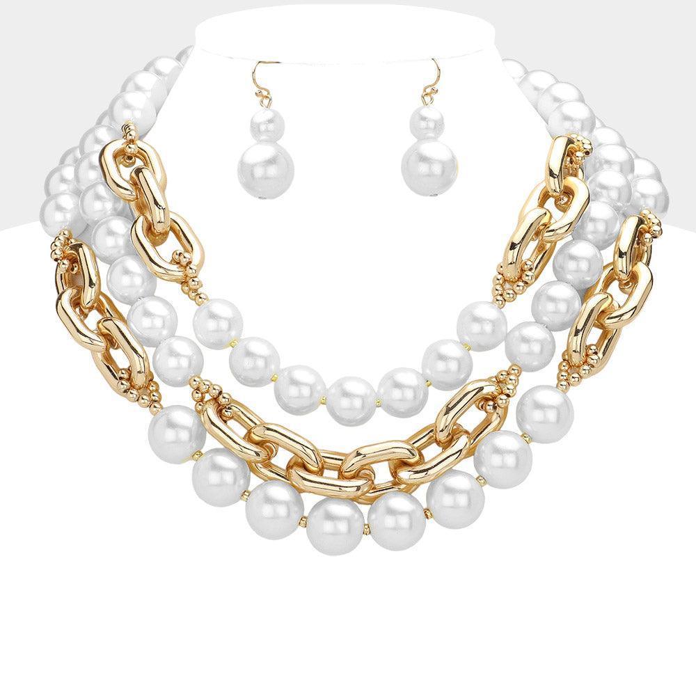 White Pearl Metal Chain Mixed Multi Layered Statement Necklace - Jewelry Store by Erik Rayo