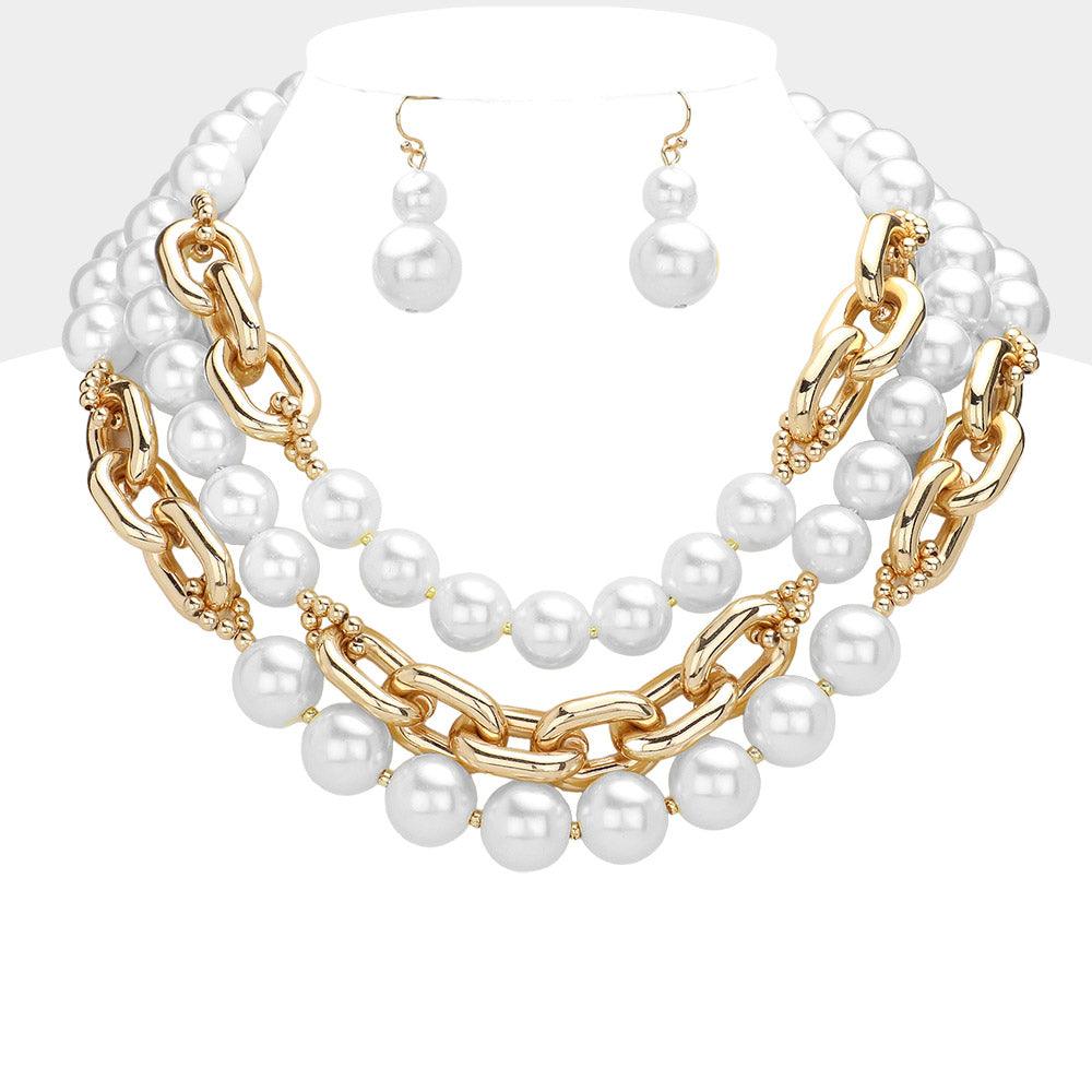 White Pearl Metal Chain Mixed Multi Layered Statement Necklace