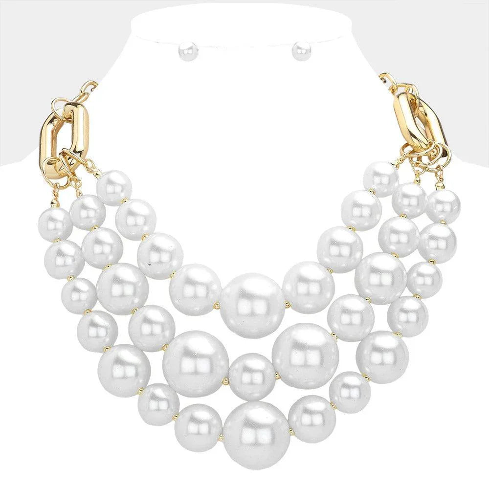 White Triple Pearl Layered Statement Necklace - Jewelry Store by Erik Rayo