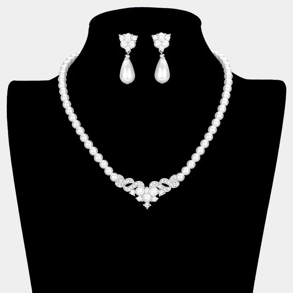 White Crystal Accented Pearl Collar Necklace - Jewelry Store by Erik Rayo