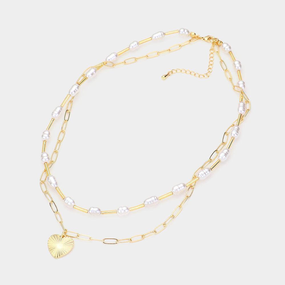 Gold Metal Heart Pendant Freshwater Pearl Link Double Layered Necklace - Jewelry Store by Erik Rayo