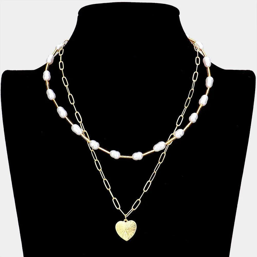 Gold Metal Heart Pendant Freshwater Pearl Link Double Layered Necklace - Jewelry Store by Erik Rayo