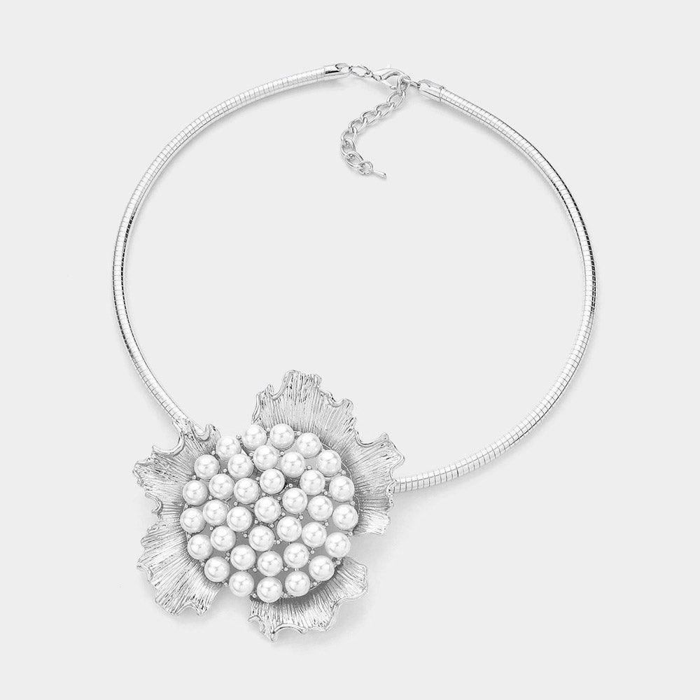 White Pearl Metal Flower Pendant Necklace - Jewelry Store by Erik Rayo