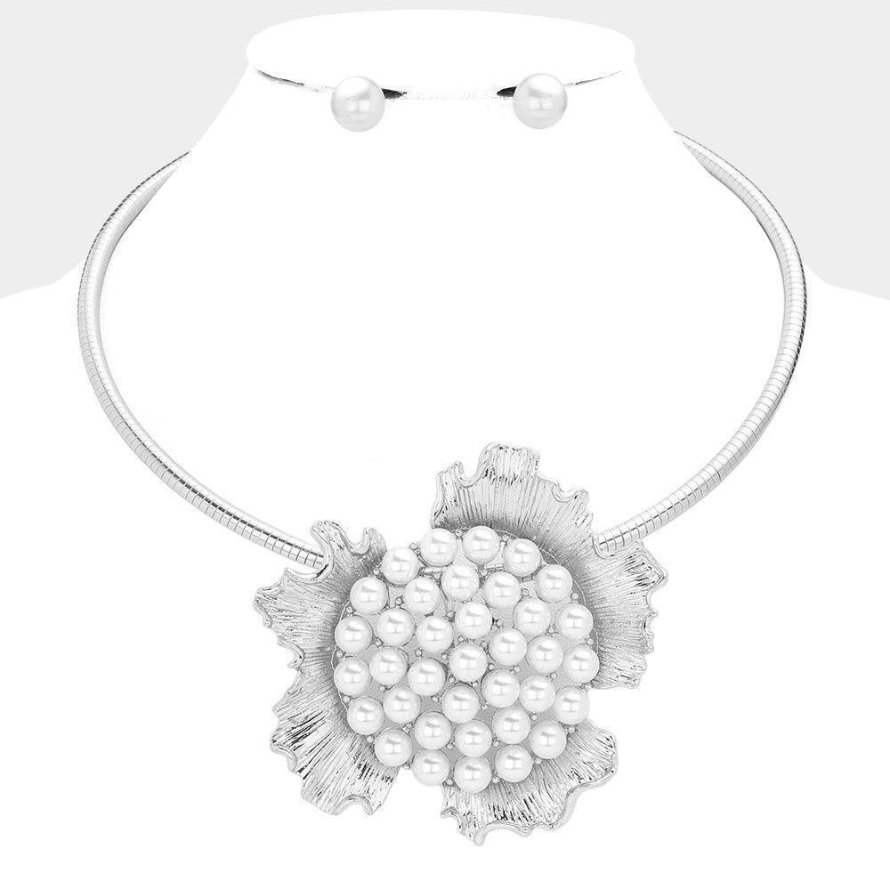 White Pearl Metal Flower Pendant Necklace - Jewelry Store by Erik Rayo