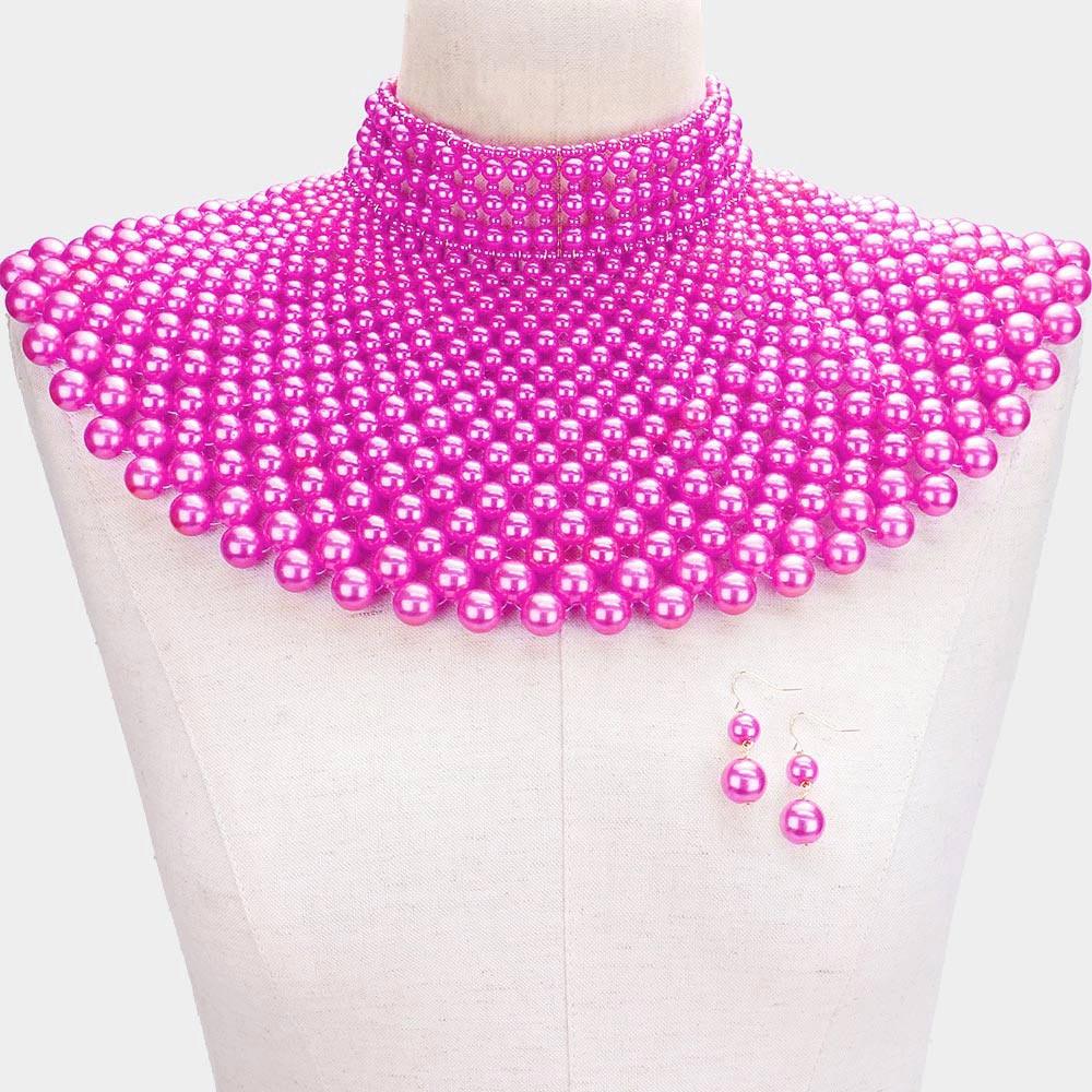 Fuchsia Pearl Armor Bib Choker Necklace