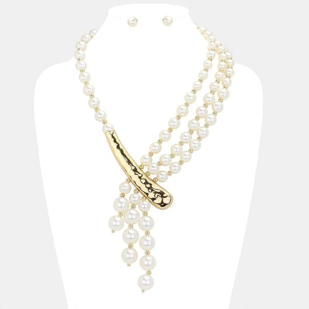 Cream Textured Metal Horn Pointed Pearl Necklace - Jewelry Store by Erik Rayo
