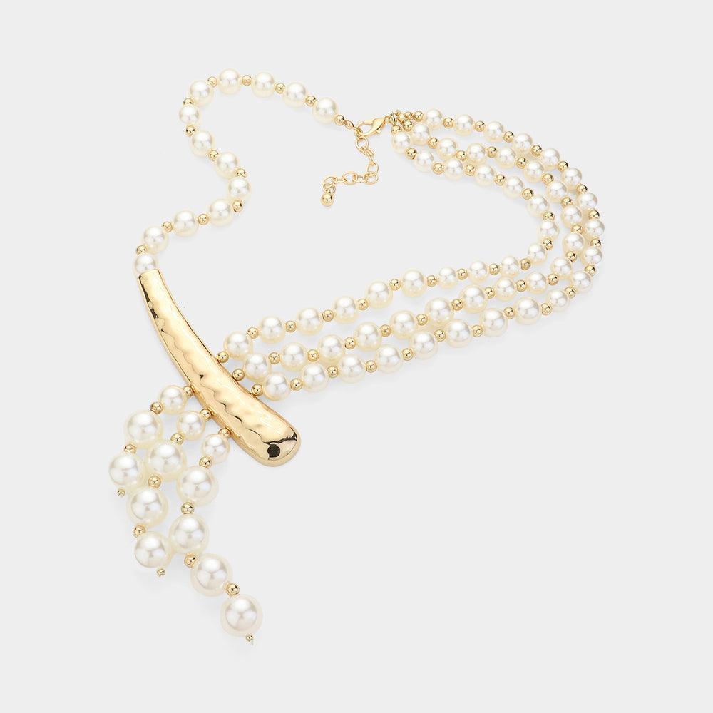 Cream Textured Metal Horn Pointed Pearl Necklace - Jewelry Store by Erik Rayo