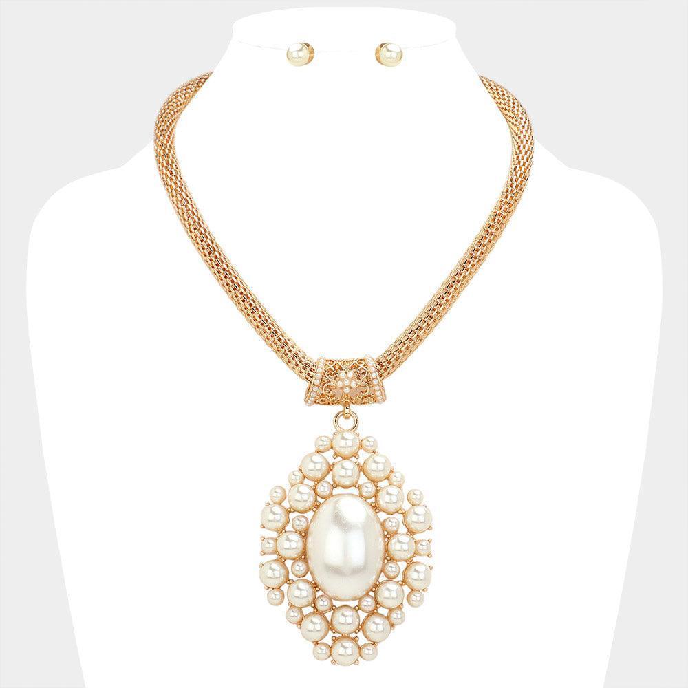 Cream Pearl Embellished Pendant Mesh Metal Chain Statement Necklace - Jewelry Store by Erik Rayo