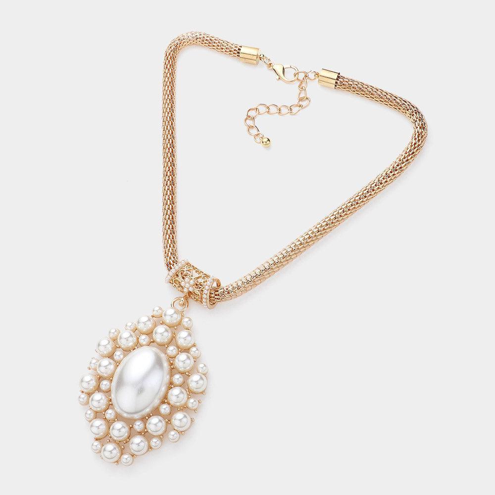 Cream Pearl Embellished Pendant Mesh Metal Chain Statement Necklace - Jewelry Store by Erik Rayo