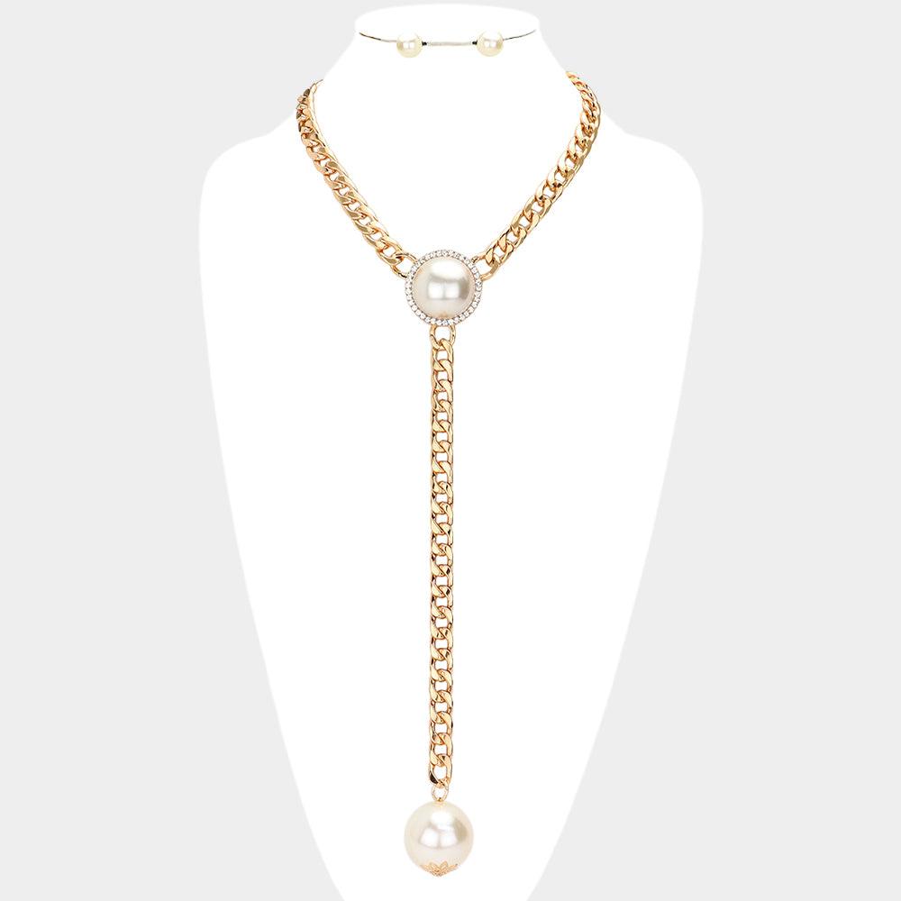 Cream Dropped Pearl Y Necklace