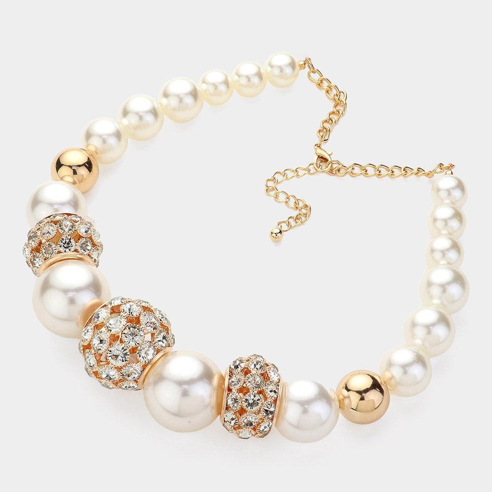 Cream Stone Embellished Ball Pointed Pearl Statement Necklace - Jewelry Store by Erik Rayo