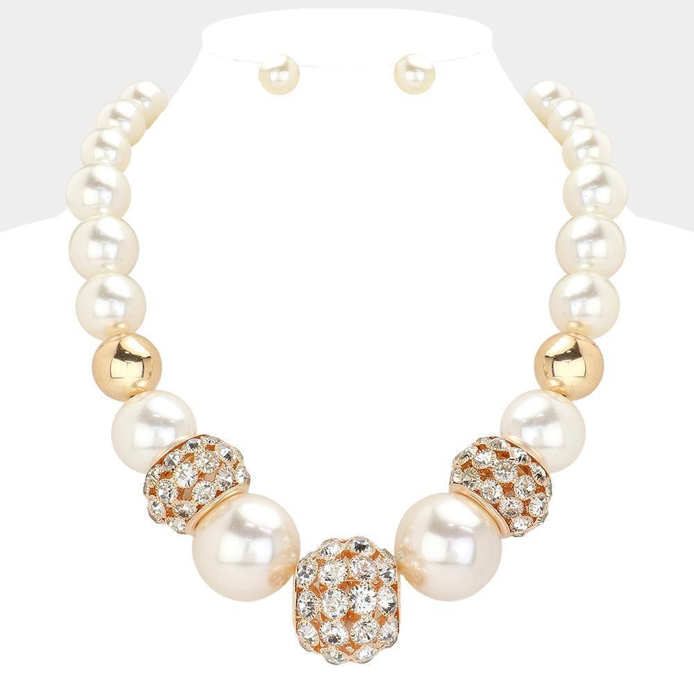 Cream Stone Embellished Ball Pointed Pearl Statement Necklace - Jewelry Store by Erik Rayo