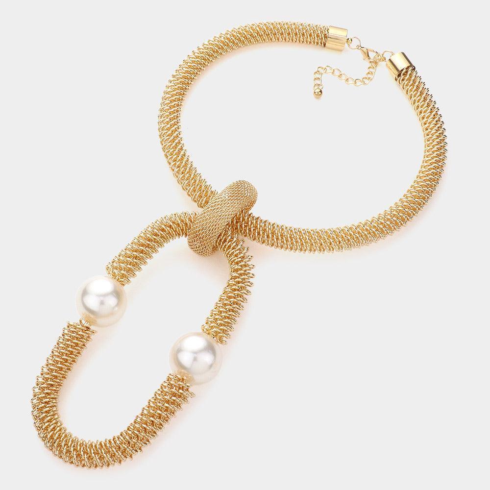 Cream Pearl Accented Open Metal Oval Link Necklace - Jewelry Store by Erik Rayo