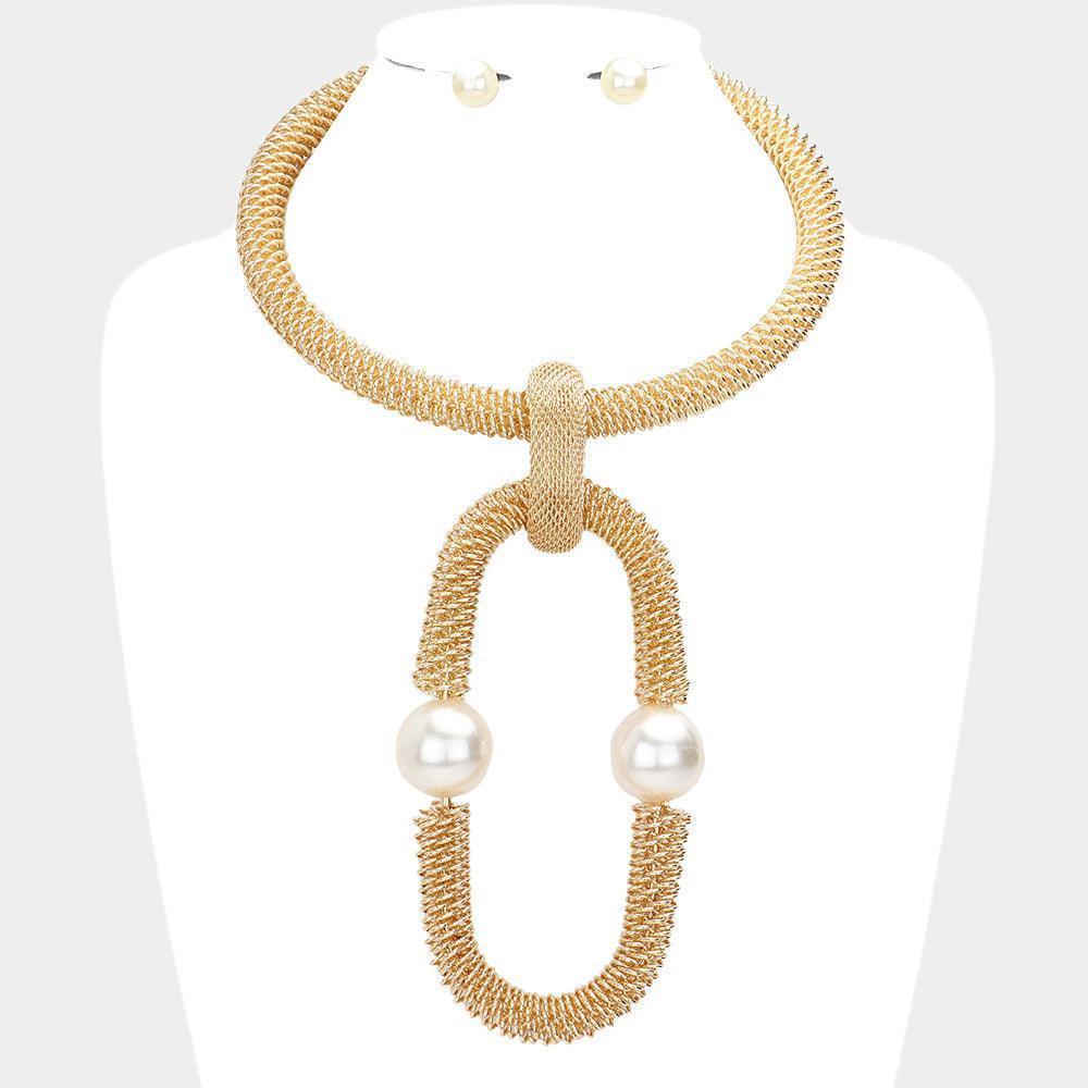 Cream Pearl Accented Open Metal Oval Link Necklace - Jewelry Store by Erik Rayo