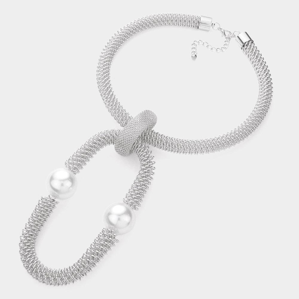 White Pearl Accented Open Metal Oval Link Necklace - Jewelry Store by Erik Rayo