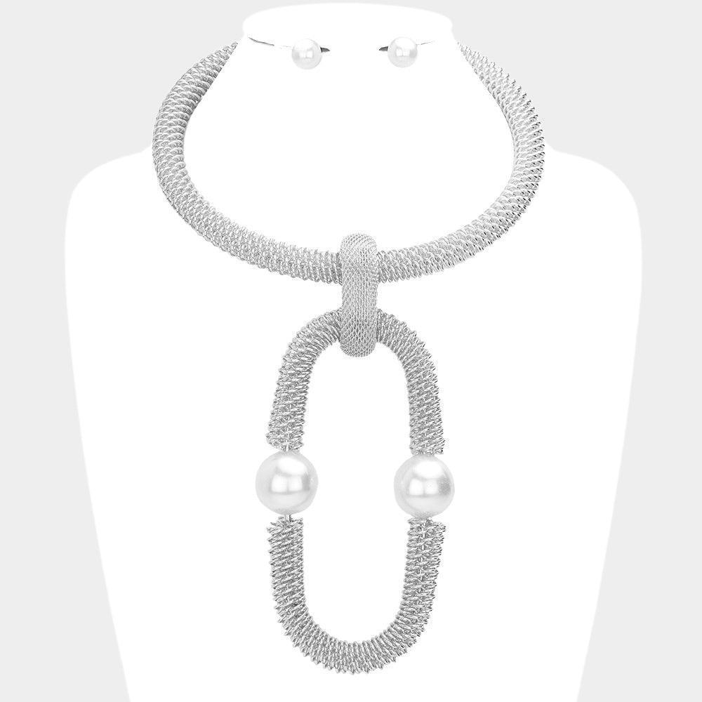 White Pearl Accented Open Metal Oval Link Necklace - Jewelry Store by Erik Rayo