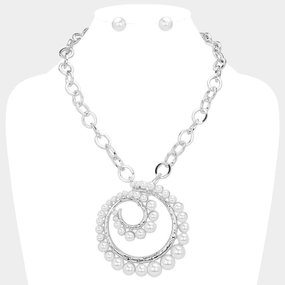 White Pearl Accented Spiral Pendant Metal Chain Link Statement Necklace - Jewelry Store by Erik Rayo