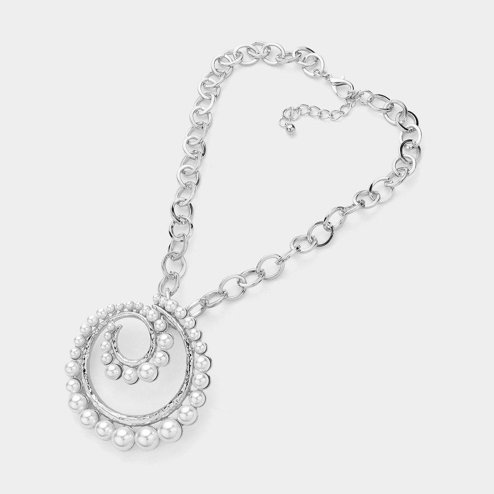 White Pearl Accented Spiral Pendant Metal Chain Link Statement Necklace - Jewelry Store by Erik Rayo
