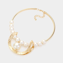 Load image into Gallery viewer, Cream Pearl Pointed Textured Metal Crescent Pendant Statement Necklace
