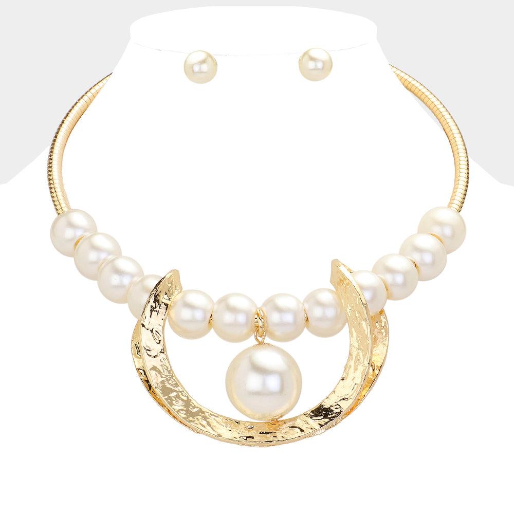 Cream Pearl Pointed Textured Metal Crescent Pendant Statement Necklace