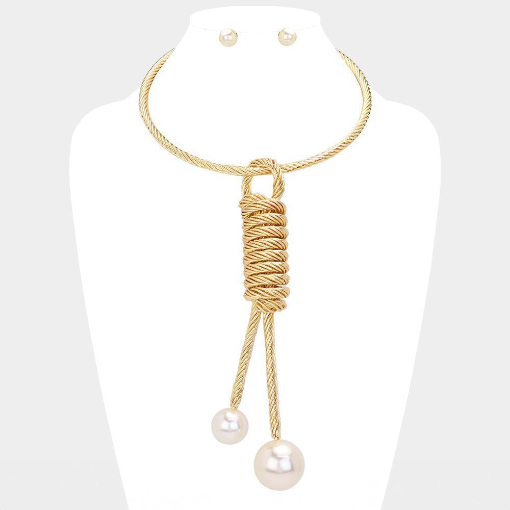 Cream Pearl Tip Metal Wired Not Pendant Statement Necklace - Jewelry Store by Erik Rayo