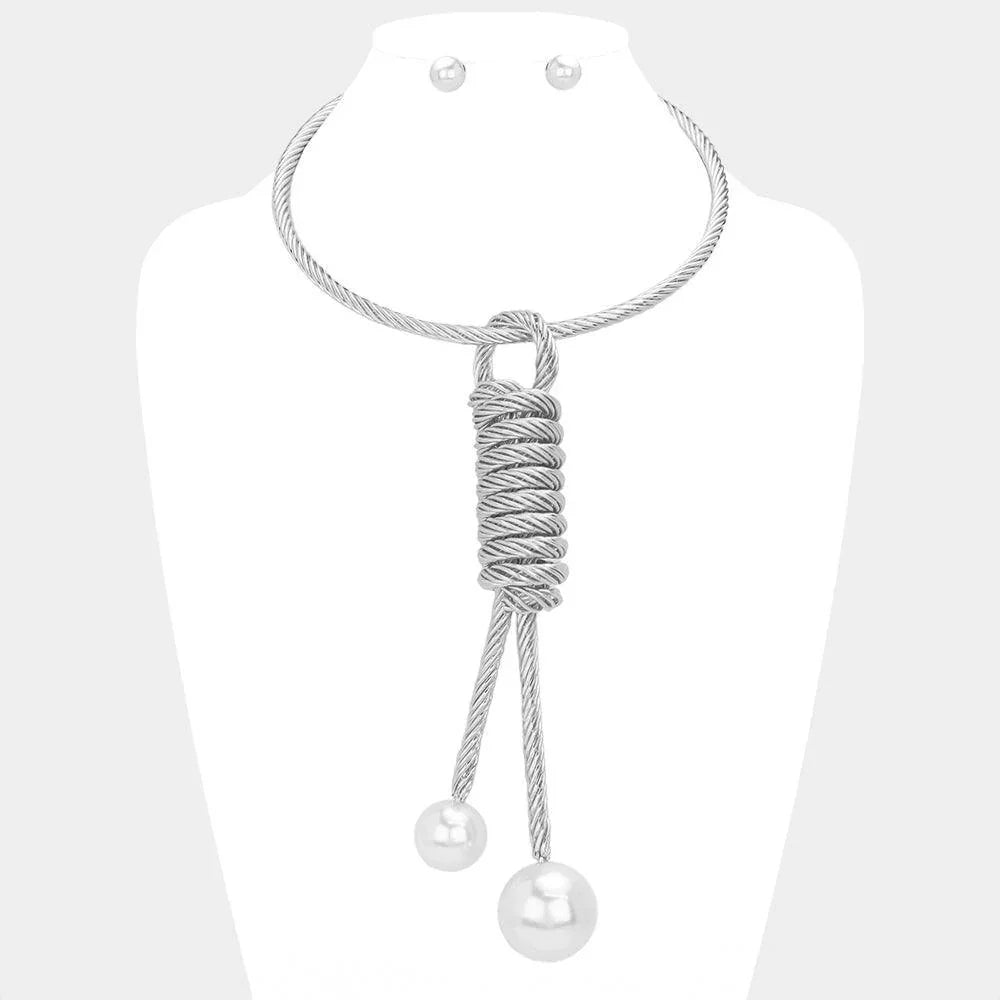 White Pearl Tip Metal Wired Not Pendant Statement Necklace - Jewelry Store by Erik Rayo