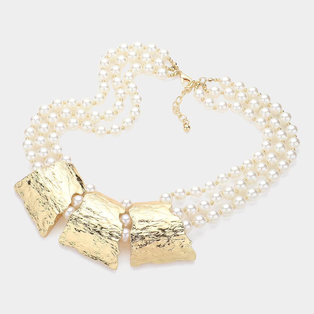 Cream Tripe Textured Metal Plate Accented Pearl Statement Necklace - Jewelry Store by Erik Rayo
