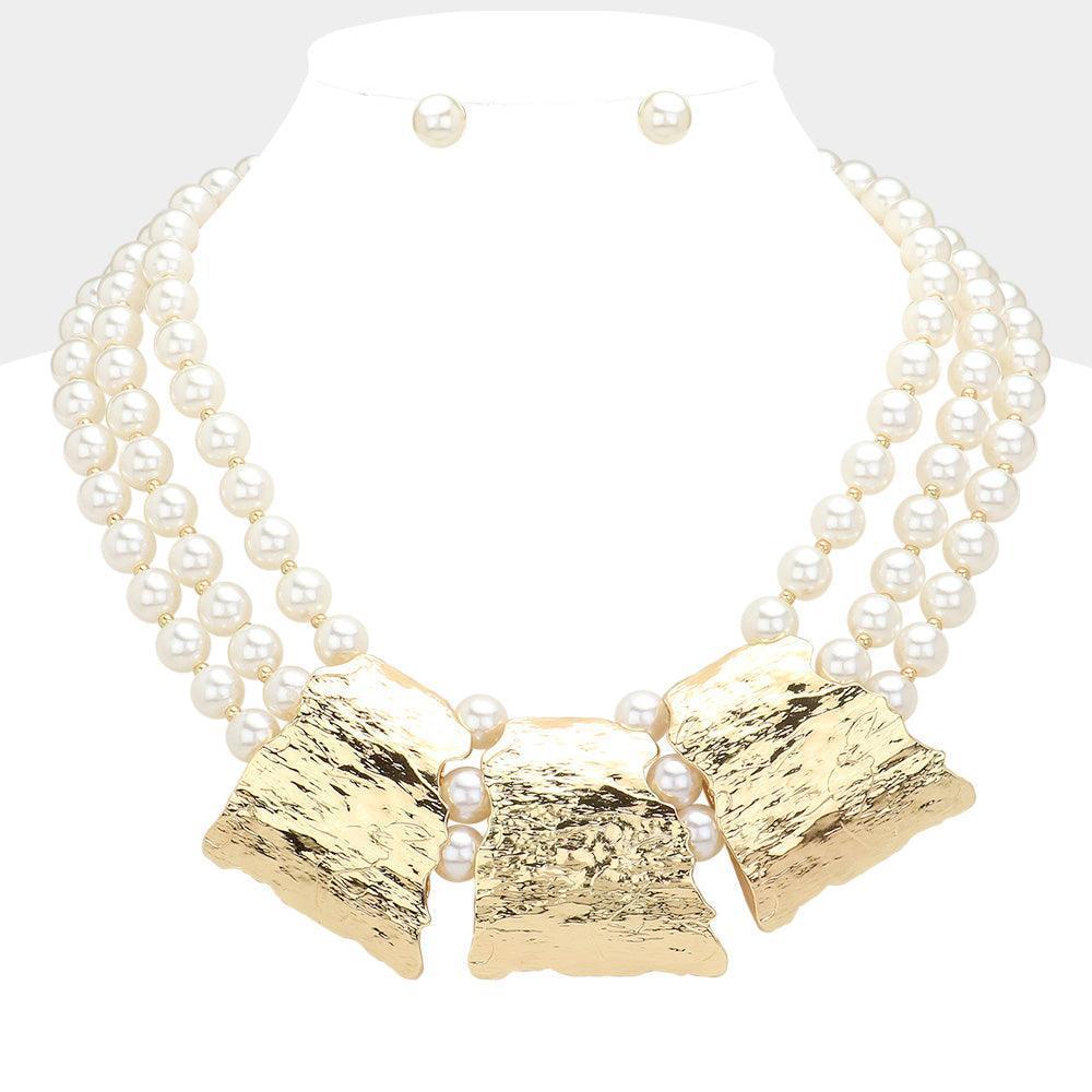 Cream Tripe Textured Metal Plate Accented Pearl Statement Necklace - Jewelry Store by Erik Rayo