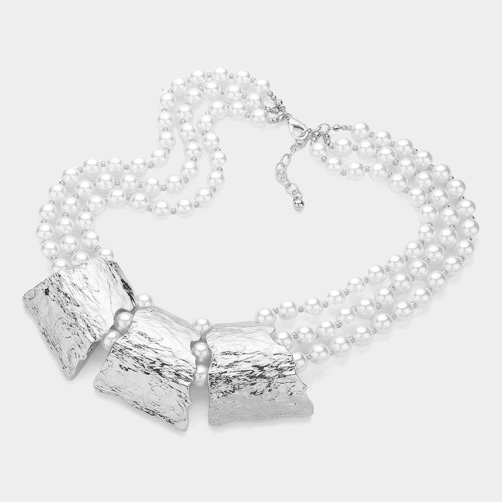 White Tripe Textured Metal Plate Accented Pearl Statement Necklace - Jewelry Store by Erik Rayo