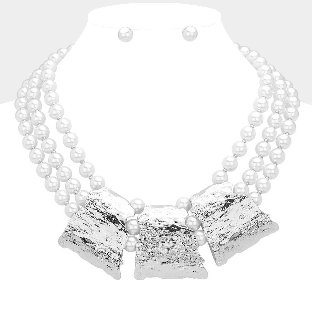 White Tripe Textured Metal Plate Accented Pearl Statement Necklace - Jewelry Store by Erik Rayo
