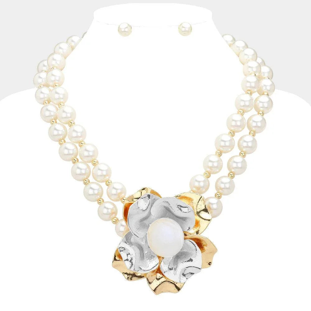 Gold Metal Flower Pendant Pointed Pearl Statement Necklace - Jewelry Store by Erik Rayo