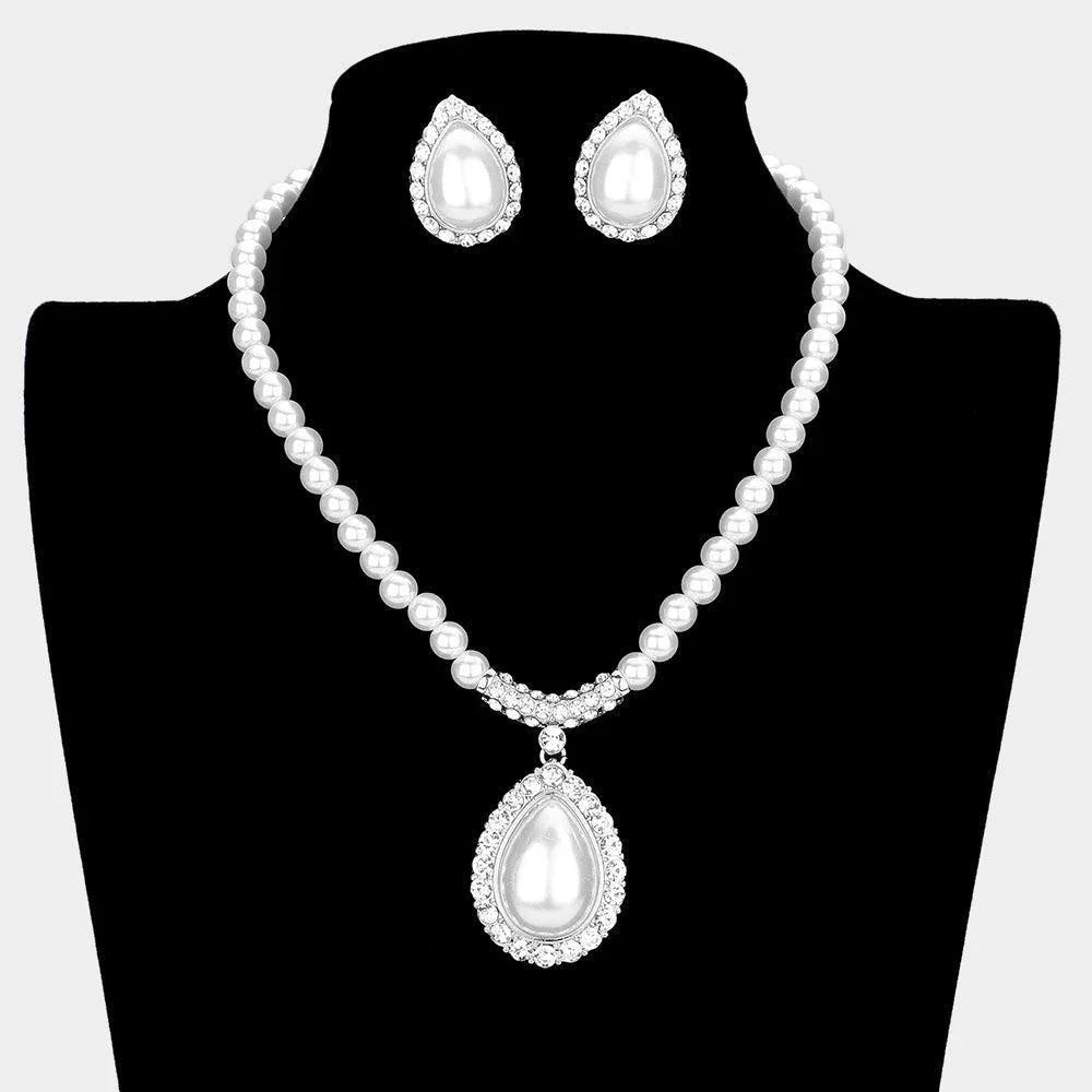 White Crystal Trim Pearl Pendant Necklace - Jewelry Store by Erik Rayo