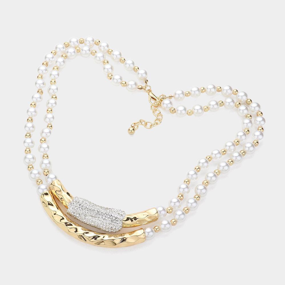 Cream Bar Pointed Pearl Necklace Rhinestone Paved - Jewelry Store by Erik Rayo