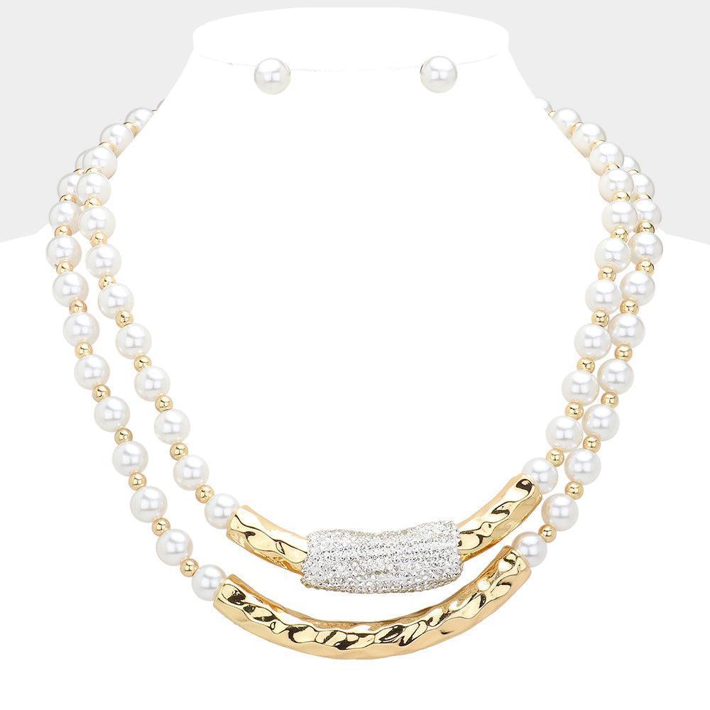 Cream Bar Pointed Pearl Necklace Rhinestone Paved - Jewelry Store by Erik Rayo
