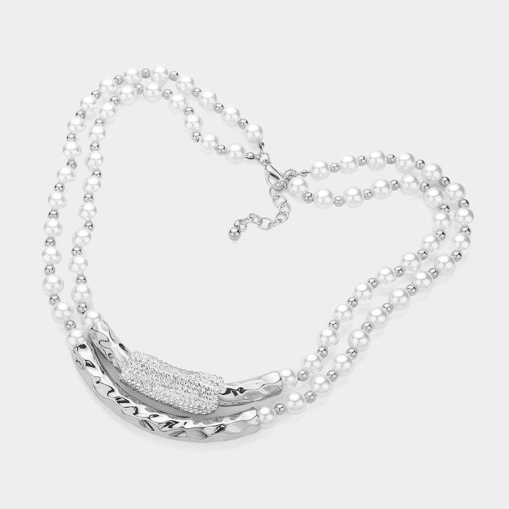 White Bar Pointed Pearl Necklace Rhinestone Paved - Jewelry Store by Erik Rayo