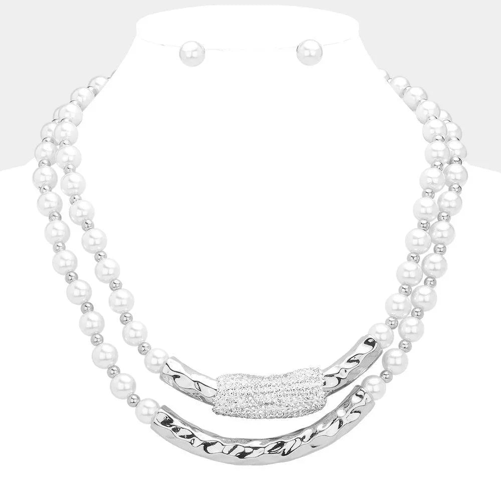 White Bar Pointed Pearl Necklace Rhinestone Paved - Jewelry Store by Erik Rayo