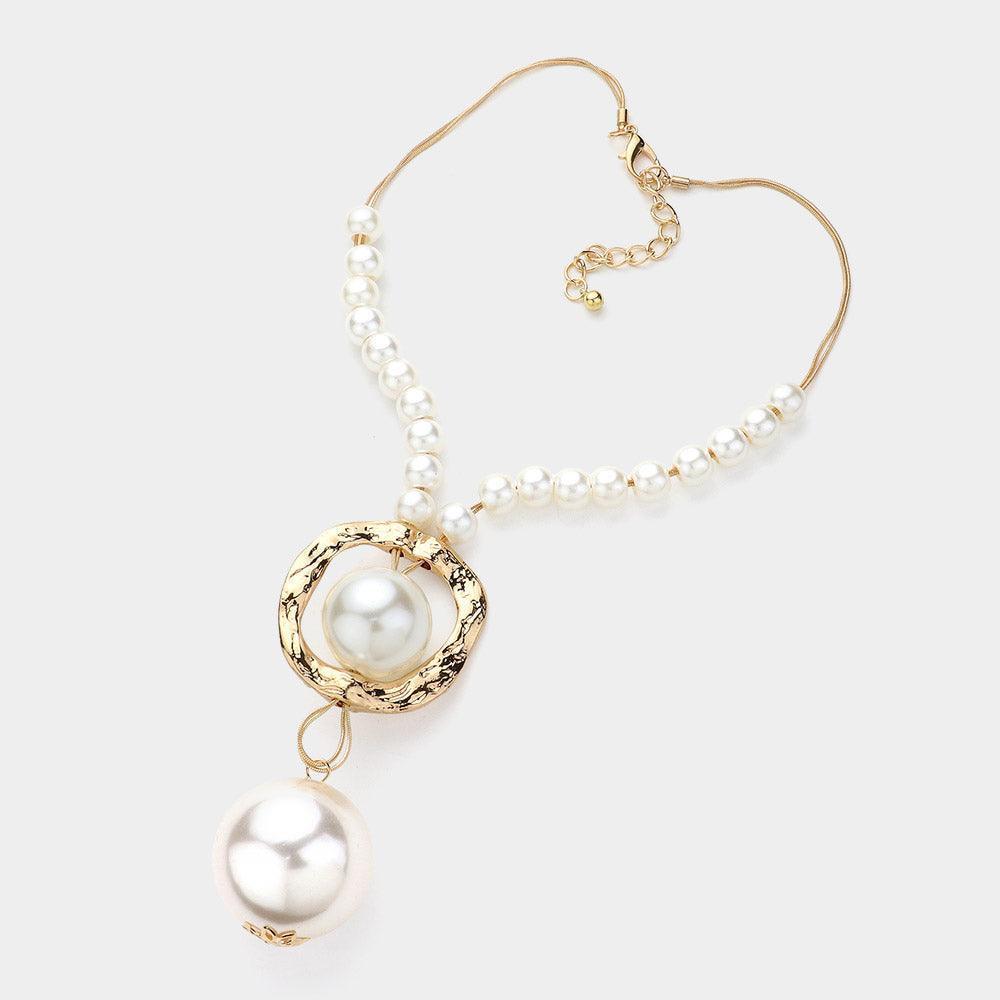 Cream Oversized Pearl Hammered Metal Pendant Statement Necklace - Jewelry Store by Erik Rayo
