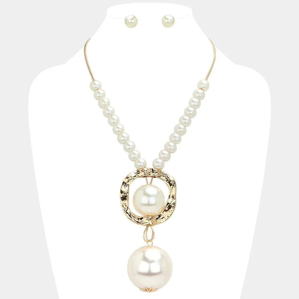 Cream Oversized Pearl Hammered Metal Pendant Statement Necklace - Jewelry Store by Erik Rayo